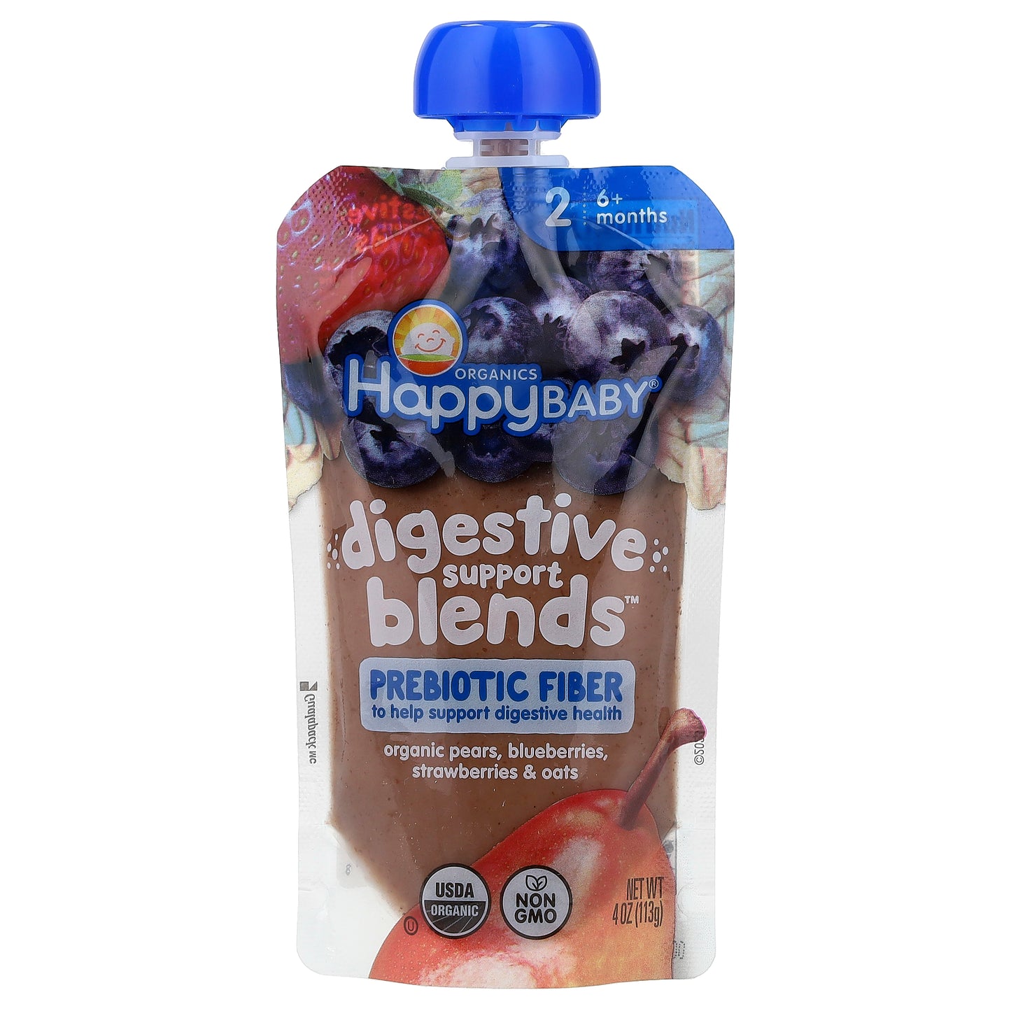 Happy Family Organics, Happy Baby®, Digestive Support Blends™, 6+ Months, Organic Pears, Blueberries, Strawberries & Oats, 4 oz (113 g)