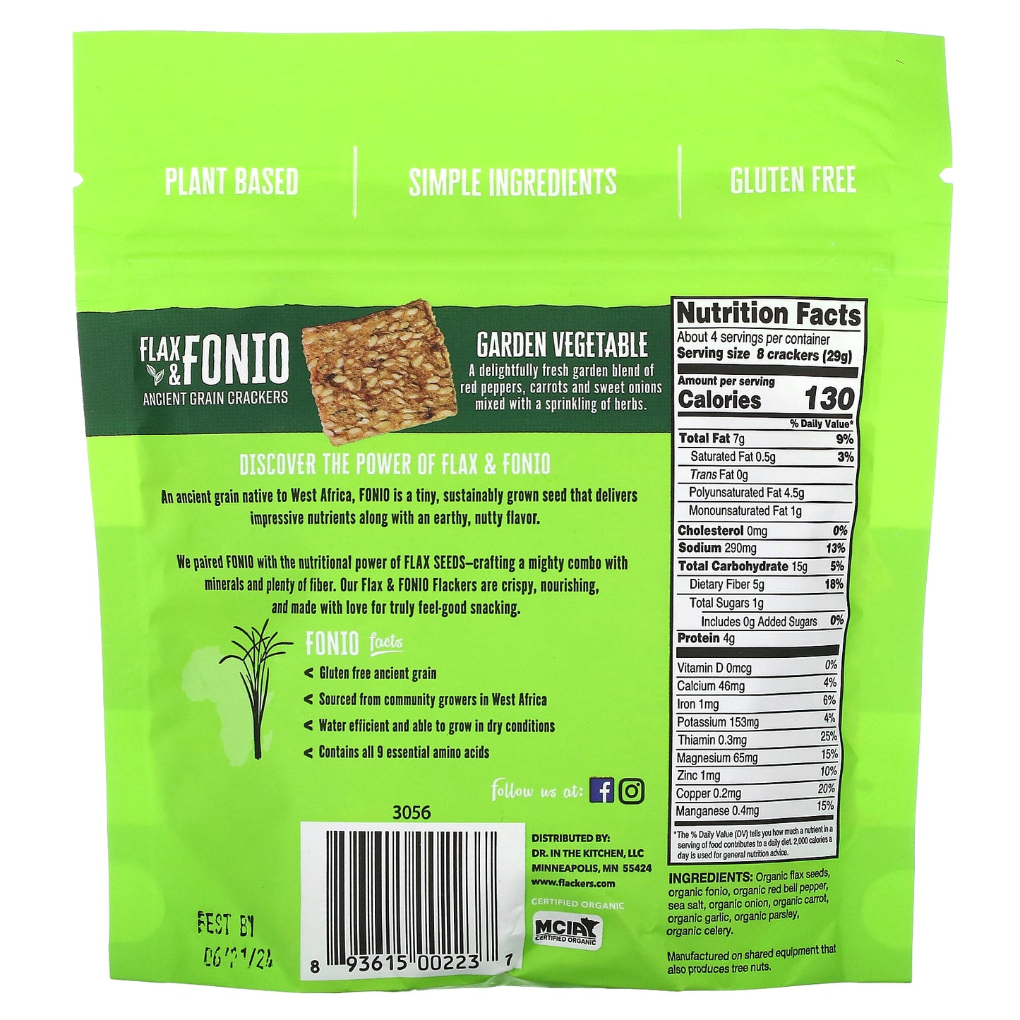 Flackers, Flax & Fonio Ancient Grain Crackers, Garden Vegetable, 4.5 oz (128 g)