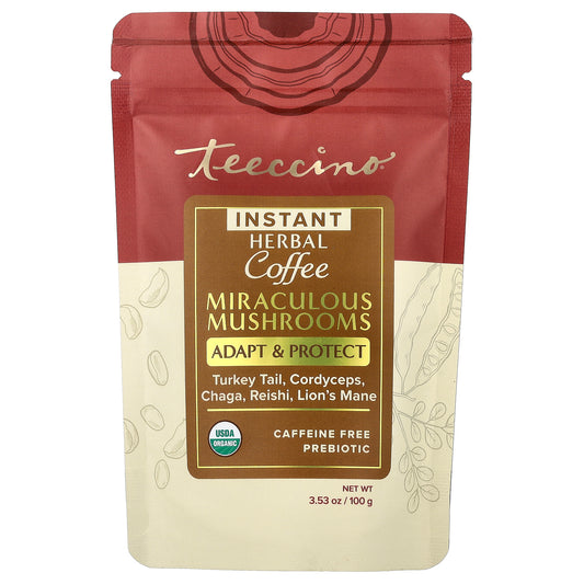 Teeccino, Instant Herbal Coffee, Miraculous Mushrooms, Caffeine Free, 3.53 oz (100 g)