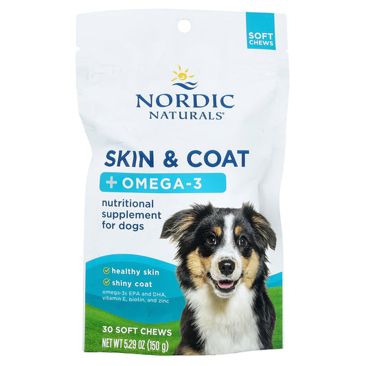 Nordic Naturals, Skin & Coat + Omega-3, For Dogs, Bone Broth, 30 Soft Chews, 5.29 oz (150 g)