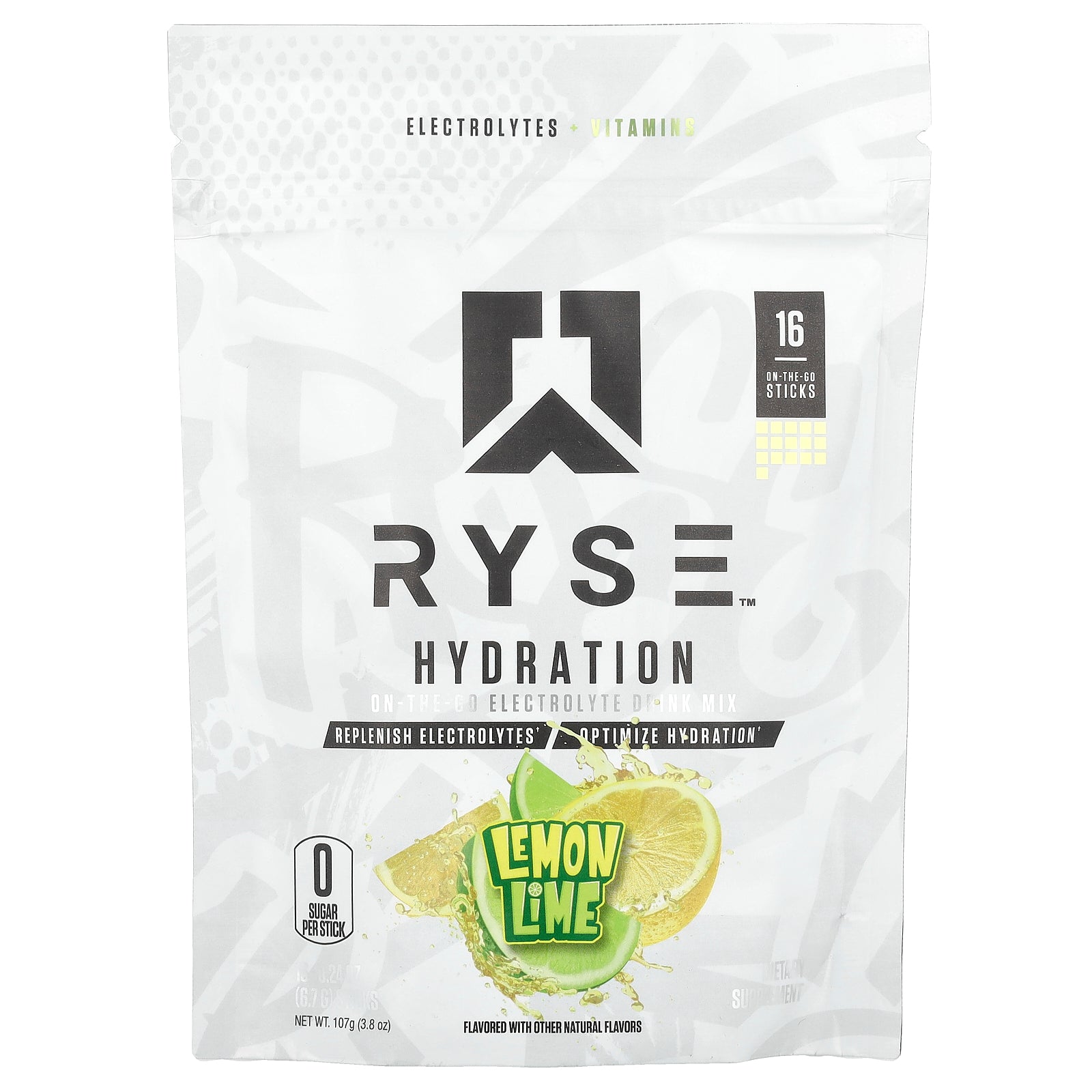 RYSE, Hydration, On-The-Go Electrolyte Drink Mix, Lemon Lime, 16 Sticks, 0.24 oz (6.7 g) Each