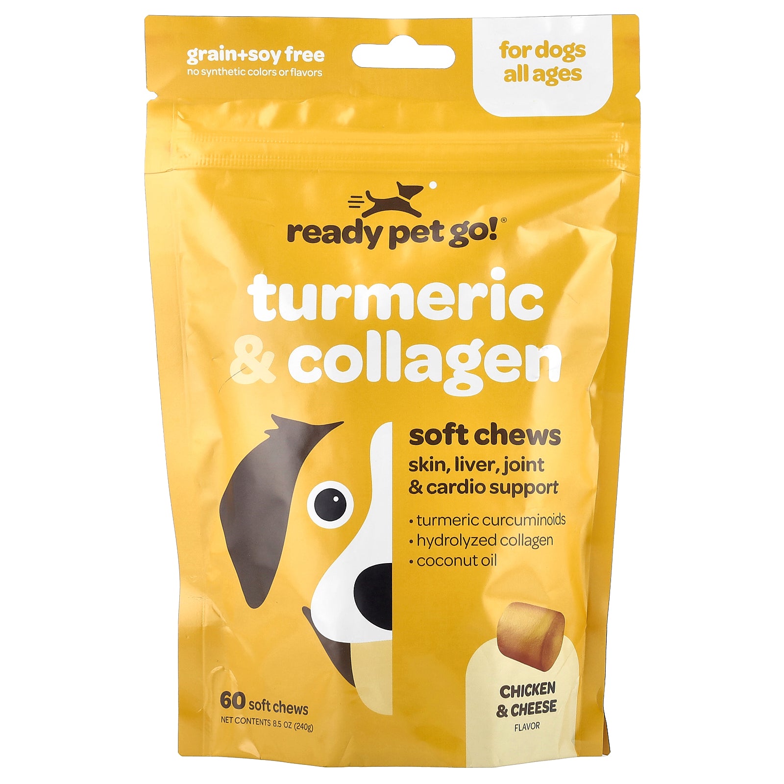 Ready Pet Go, Turmeric & Collagen, For Dogs, All Ages, Chicken & Cheese, 60 Soft Chews, 8.5 oz (240 g)