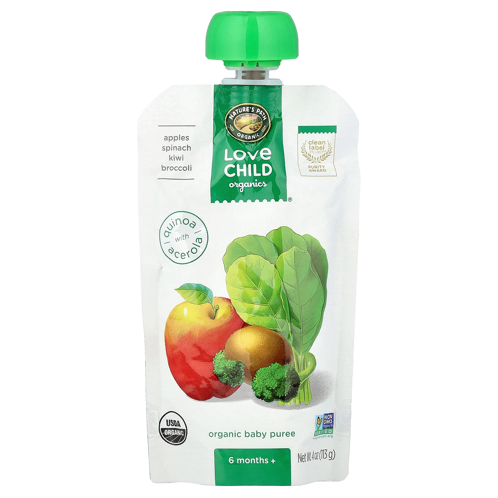 Love Child Organics, Nature's Path, Organic Baby Puree, 6 Months+, Apples, Spinach, Kiwi, Broccoli, 4 oz (113 g)