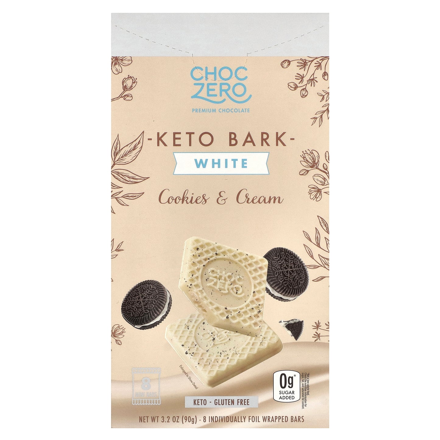ChocZero, Keto Bark, White Chocolate, Cookies & Cream, 8 Mini Bars, 3.2 oz (90 g)