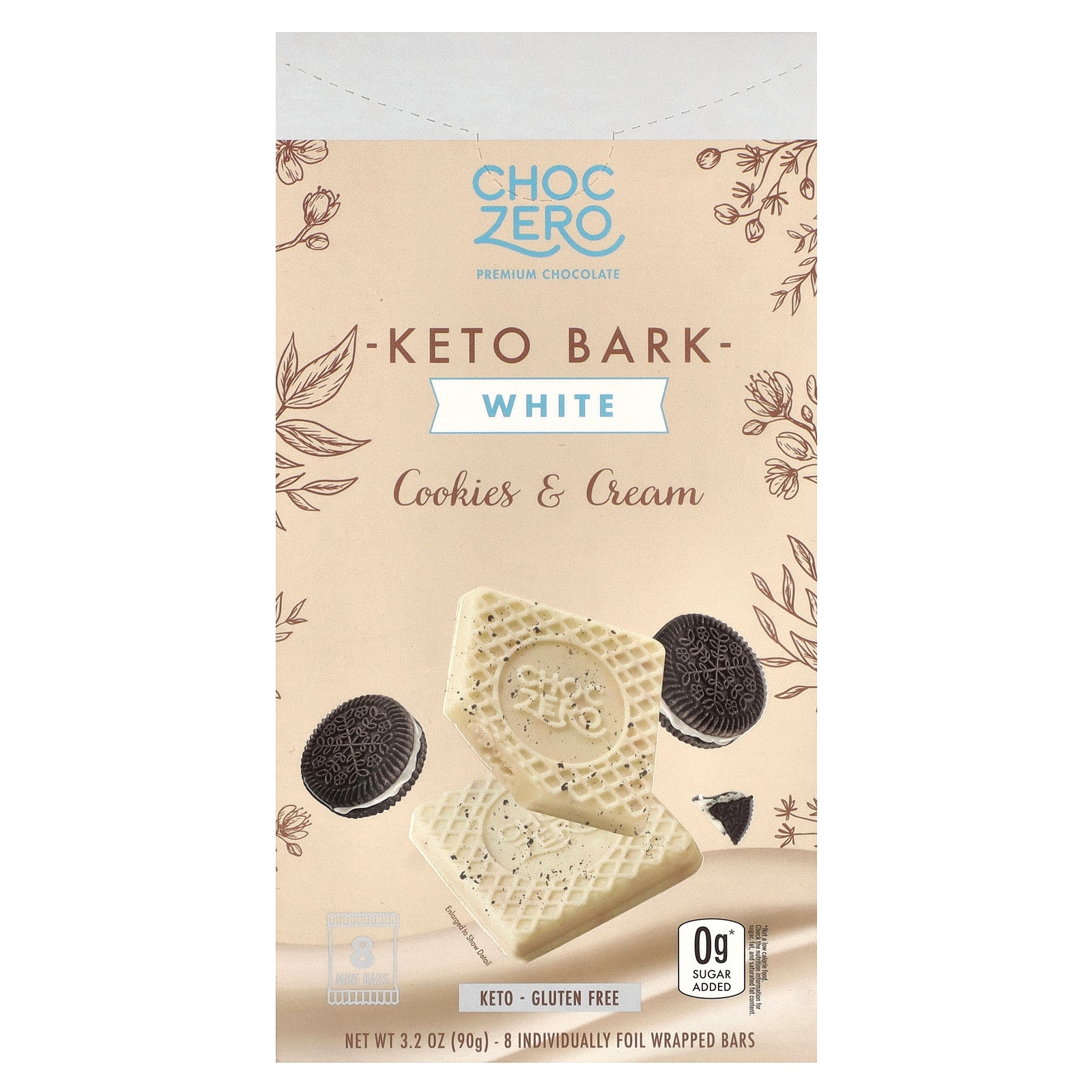 ChocZero, Keto Bark, White Chocolate, Cookies & Cream, 8 Mini Bars, 3.2 oz (90 g)
