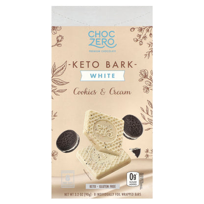 ChocZero, Keto Bark, White Chocolate, Cookies & Cream, 8 Mini Bars, 3.2 oz (90 g)