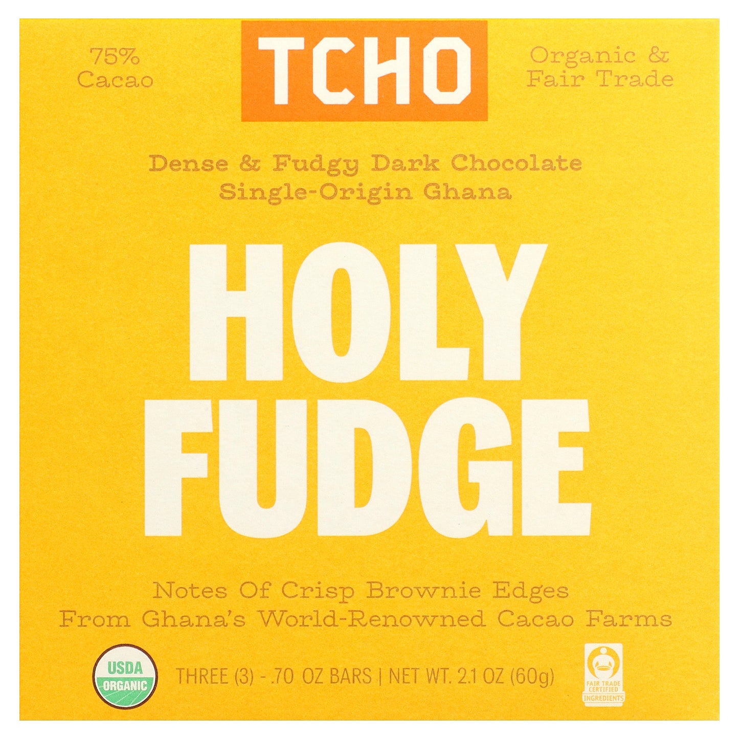 TCHO, Holy Fudge, Dark Chocolate, 75% Cacao, 3 Bars, 0.7 oz Each