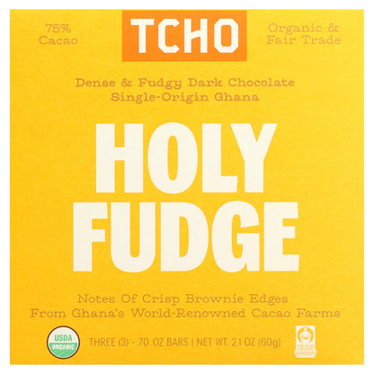 TCHO, Holy Fudge, Dark Chocolate, 75% Cacao, 3 Bars, 0.7 oz Each
