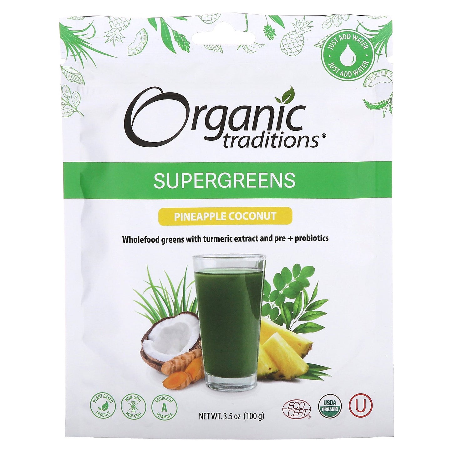 Organic Traditions, Supergreens, Pineapple Coconut, 3.5 oz (100 g)