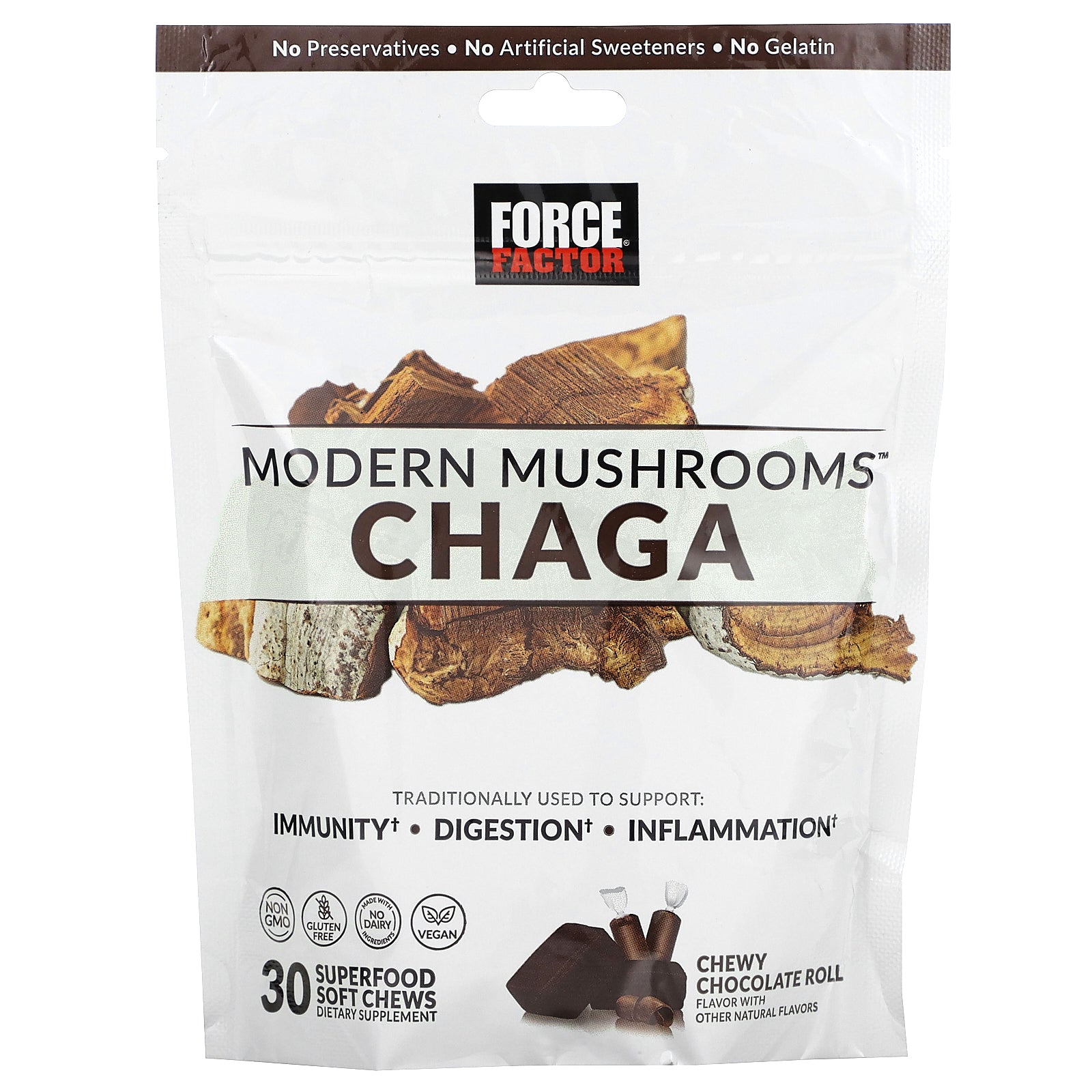 Force Factor, Modern Mushrooms™, Chaga, Chewy Chocolate Roll, 300 mg, 30 Superfood Soft Chews