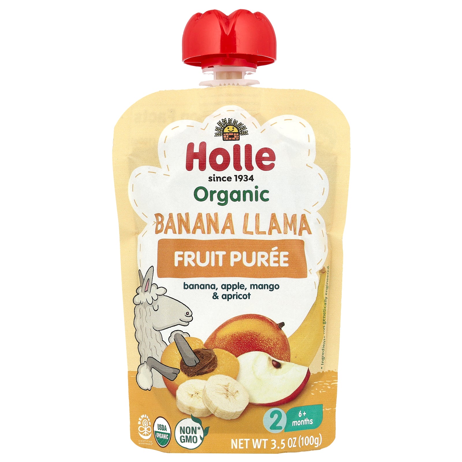 Holle, Organic Fruit Puree, Banana Llama, 6+ Months, Banana, Apple, Mango & Apricot, 3.5 oz (100 g)
