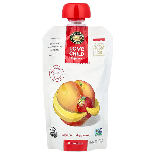 Love Child Organics, Nature's Path, Organic Baby Puree, 6 Months+, Bananas, Strawberries, Peaches, 4 oz (113 g)