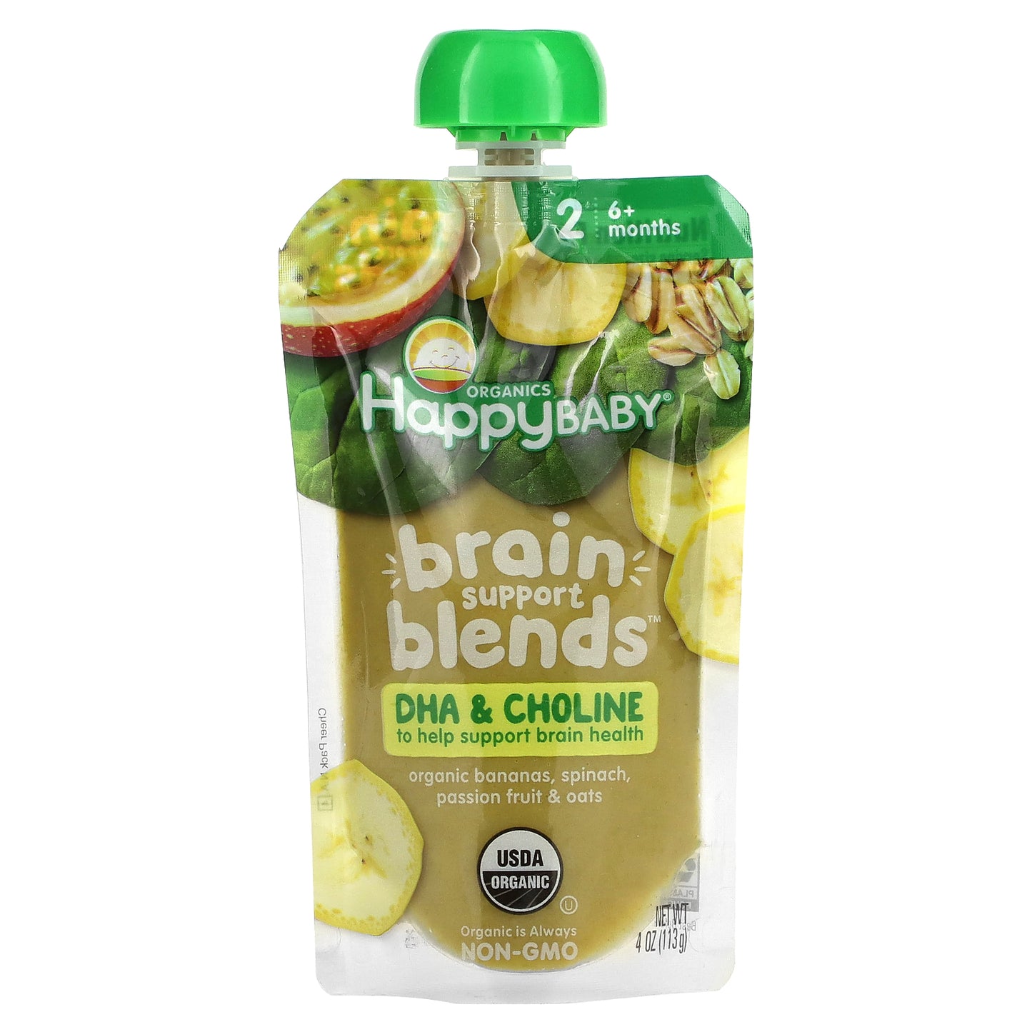 Happy Family Organics, Happy Baby, Brain Support Blends, 6+ Months, Organic Bananas, Spinach, Passion Fruit & Oats, 4 oz (113 g)