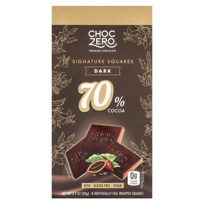 ChocZero, Signature Squares, Dark Chocolate, 70% Cocoa, 8 Squares 3.2 oz (90 g)