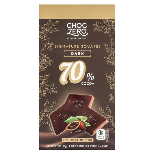 ChocZero, Signature Squares, Dark Chocolate, 70% Cocoa, 8 Squares 3.2 oz (90 g)