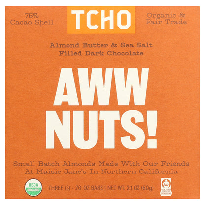 TCHO, Aww Nuts!, Almond Butter & Sea Salt Filled Dark Chocolate, 75% Cacao Shell, 3 Bars, 0.70 oz Each