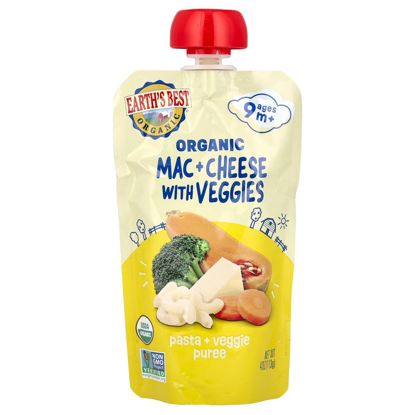 Earth's Best, Organic Pasta + Veggie Puree, Ages 9+ Months, Mac & Cheese With Veggies, 4 oz (113 g)