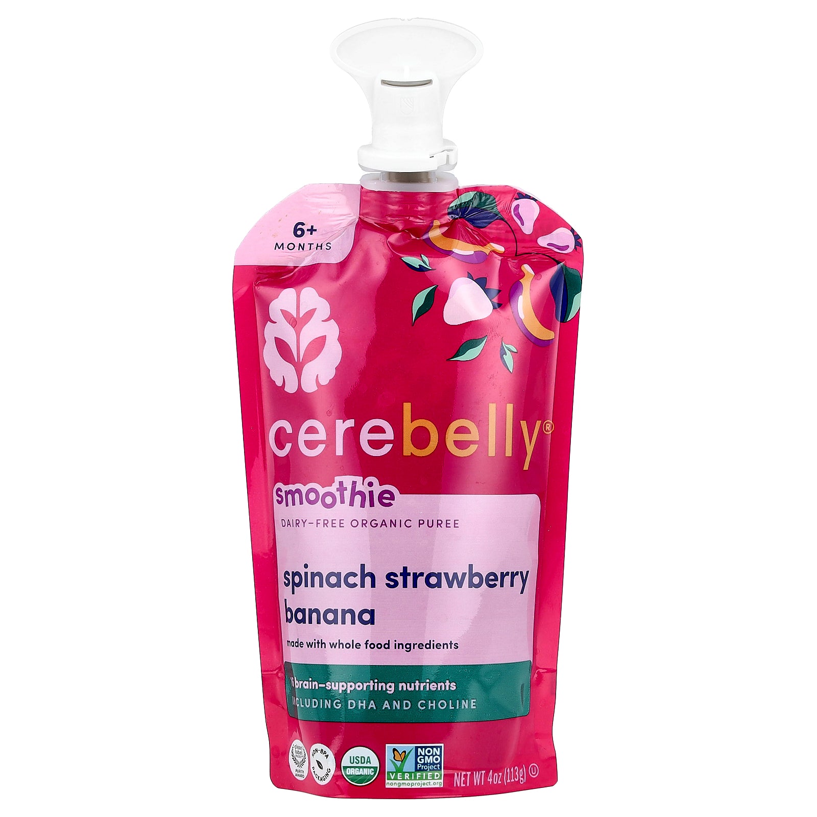 Cerebelly, Smoothie, Dairy-Free Organic Puree, 6+ Months, Spinach, Strawberry, Banana, 4 oz (113 g)