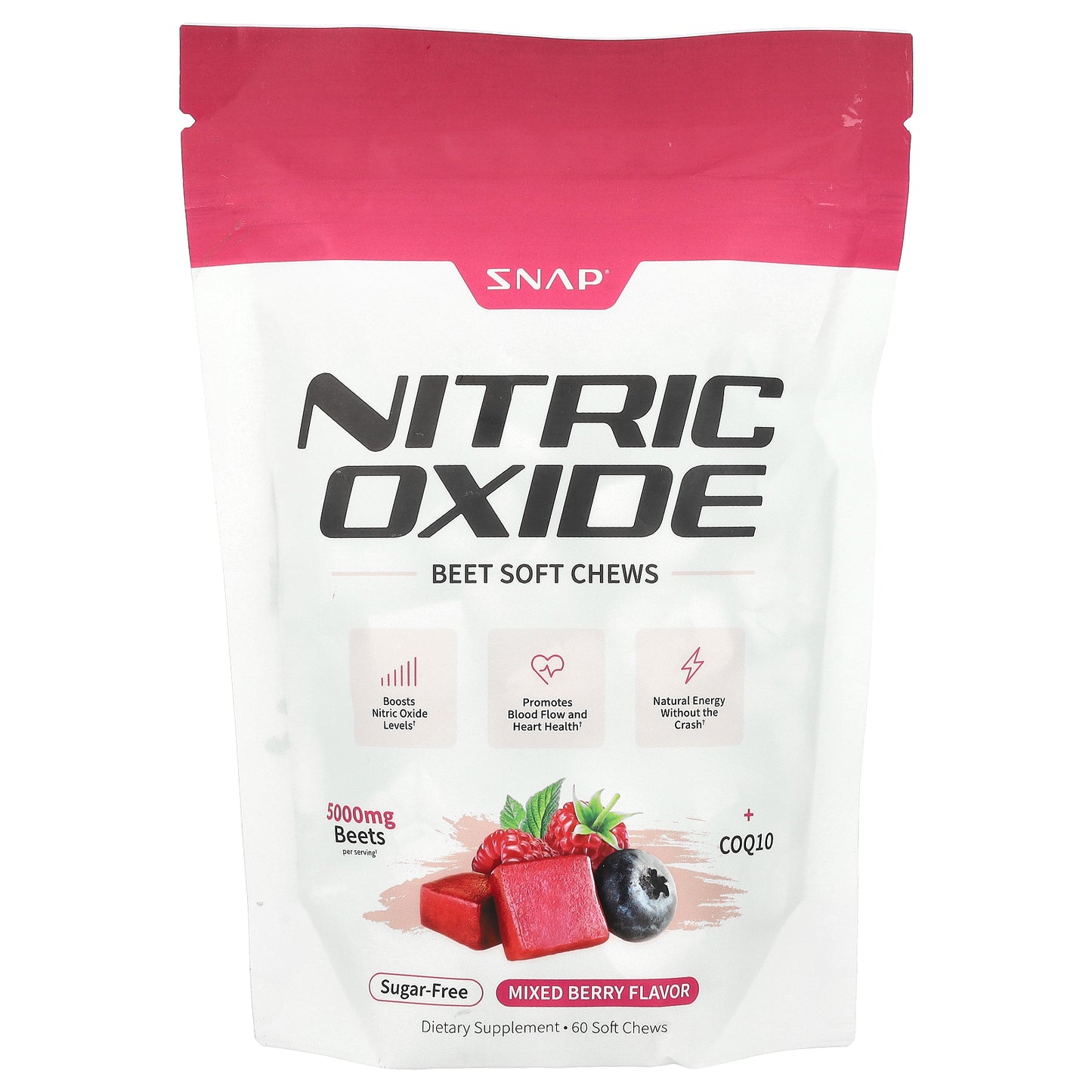 Snap Supplements, Nitric Oxide Beet Soft Chews, Sugar Free, Mixed Berry, 60 Soft Chews