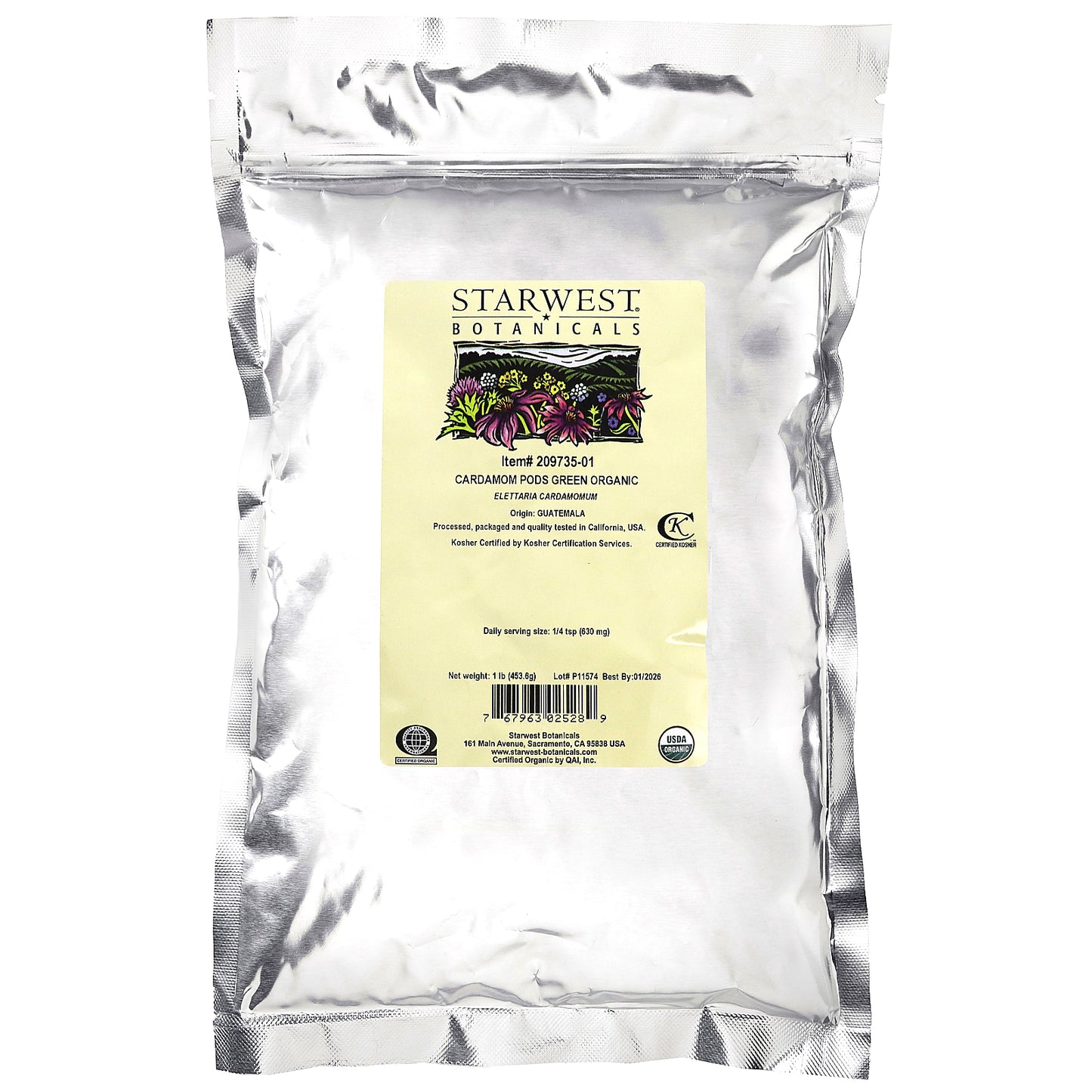 Starwest Botanicals, Organic Cardamom Pods Green, 1 lb (453.6 g)