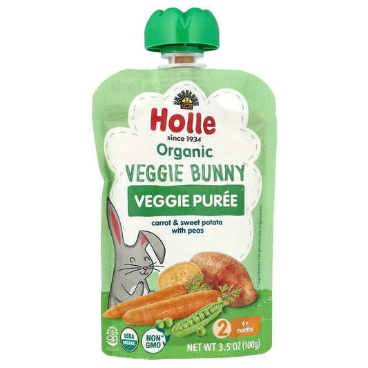 Holle, Organic Veggie Puree, Veggie Bunny, 6+ Months, Carrot & Sweet Potato With Peas, 3.5 oz (100 g)