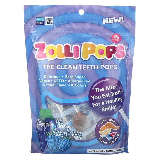 Zollipops, The Clean Teeth Pops, Grape + Blue Raspberry, Approx. 23-25 pops, 5.2 oz