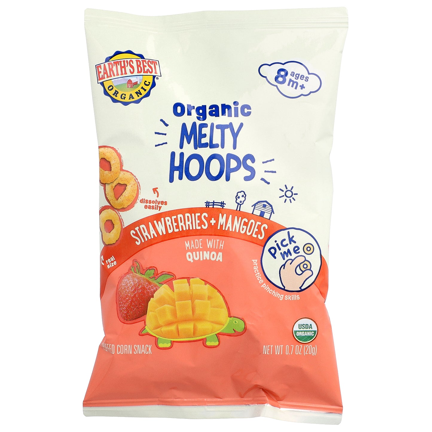Earth's Best, Organic Melty Hoops, Puffed Corn Snack, 8+ Months, Strawberries + Mangoes, 0.7 oz (20 g)