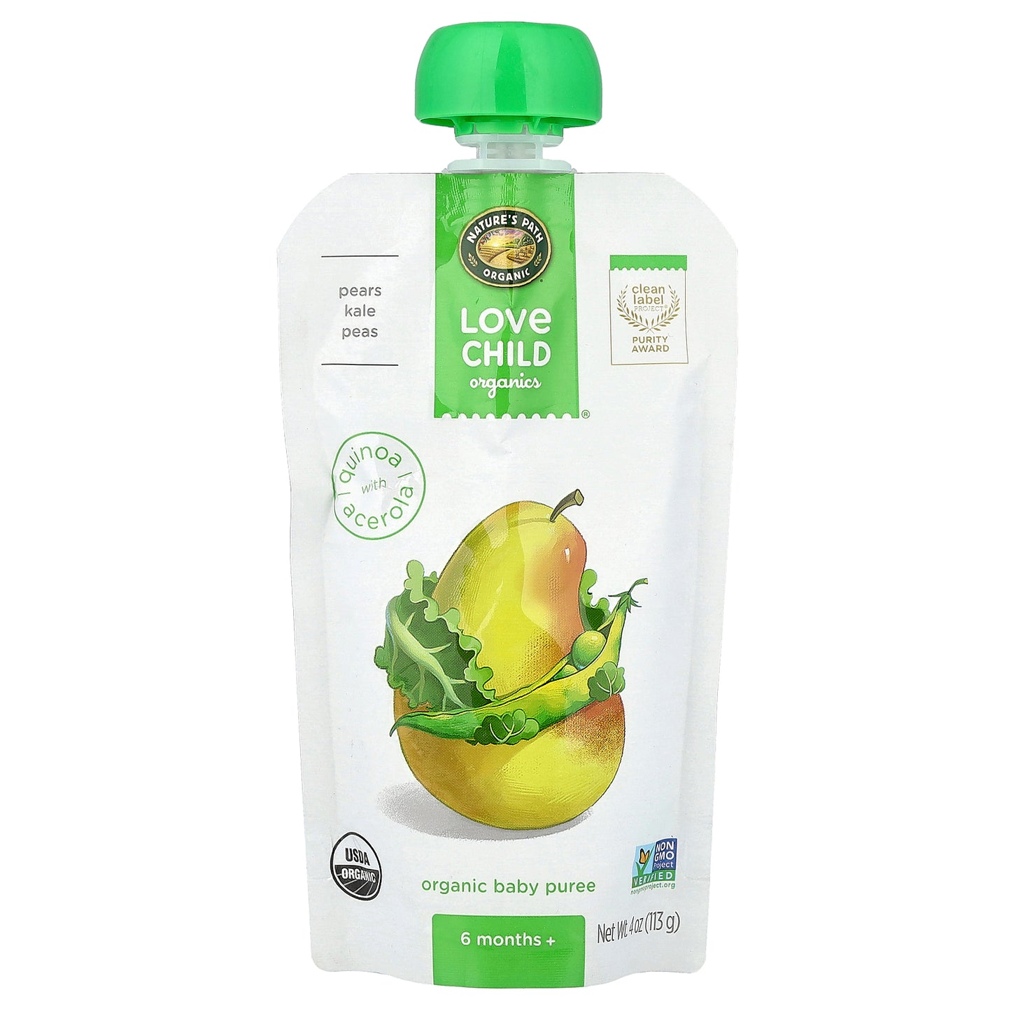 Love Child Organics, Nature's Path, Organic Baby Puree, 6 Months+, Pears, Kale, Peas, 4 oz (113 g)
