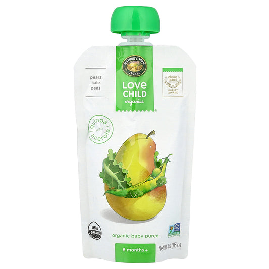 Love Child Organics, Nature's Path, Organic Baby Puree, 6 Months+, Pears, Kale, Peas, 4 oz (113 g)