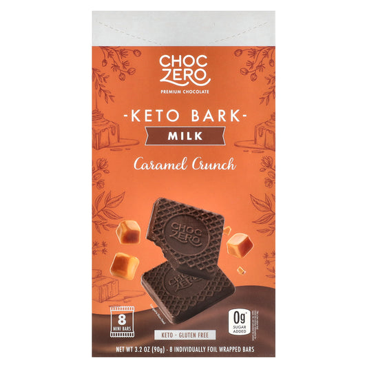 ChocZero, Keto Bark, Milk Chocolate, Caramel Crunch, 8 individually Foil Wrapped Bars, 3.2 oz (90 g)