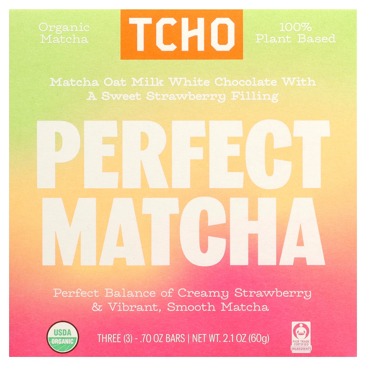 TCHO, Perfect Matcha, White Chocolate with Strawberry Filling, 3 Bars, 0.70 oz Each