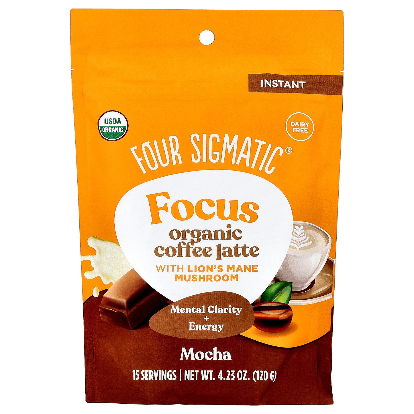 Four Sigmatic, Focus, Organic Instant Coffee Latte with Lion's Mane Mushroom, Mocha, 4.23 oz (120 g)