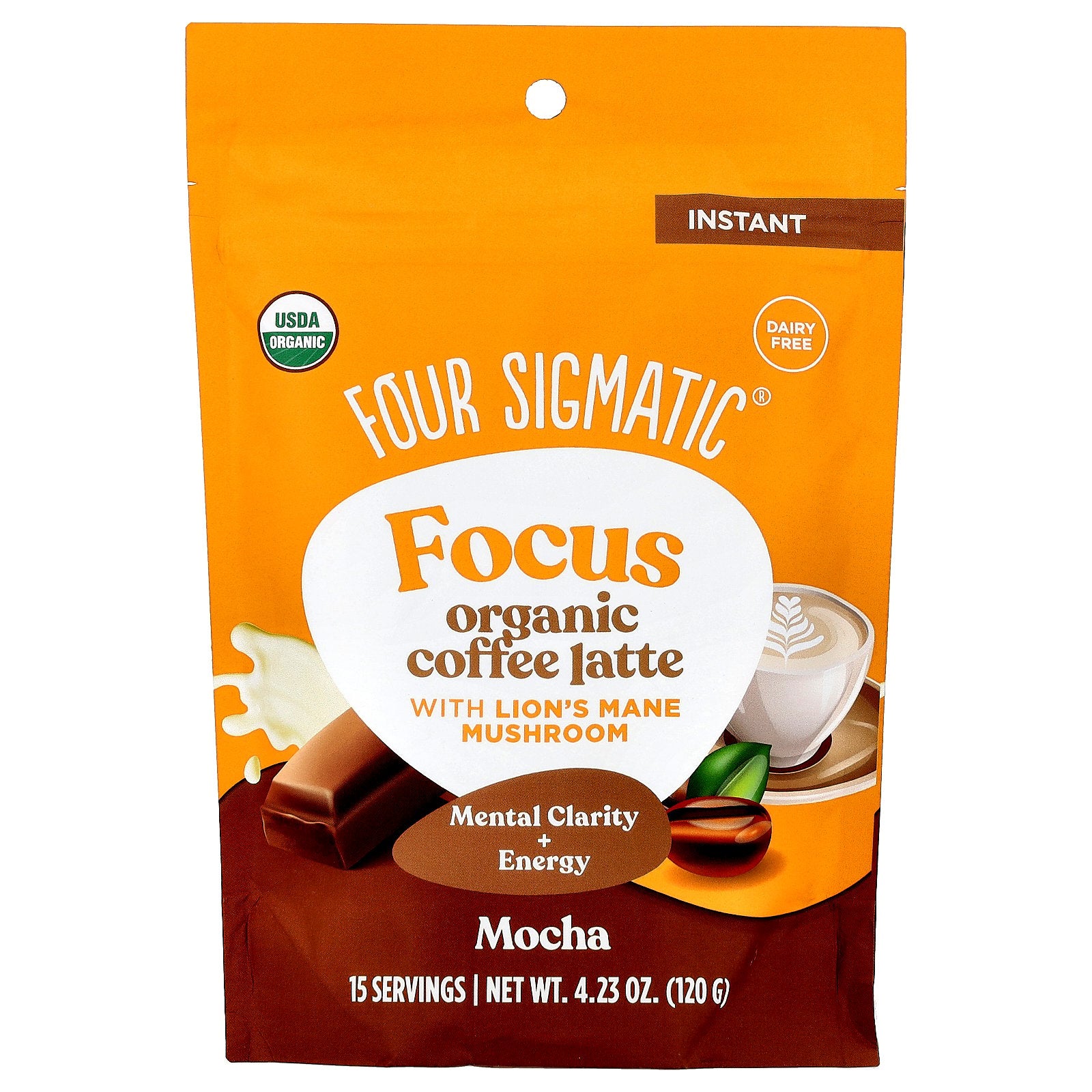 Four Sigmatic, Focus, Organic Instant Coffee Latte with Lion's Mane Mushroom, Mocha, 4.23 oz (120 g)