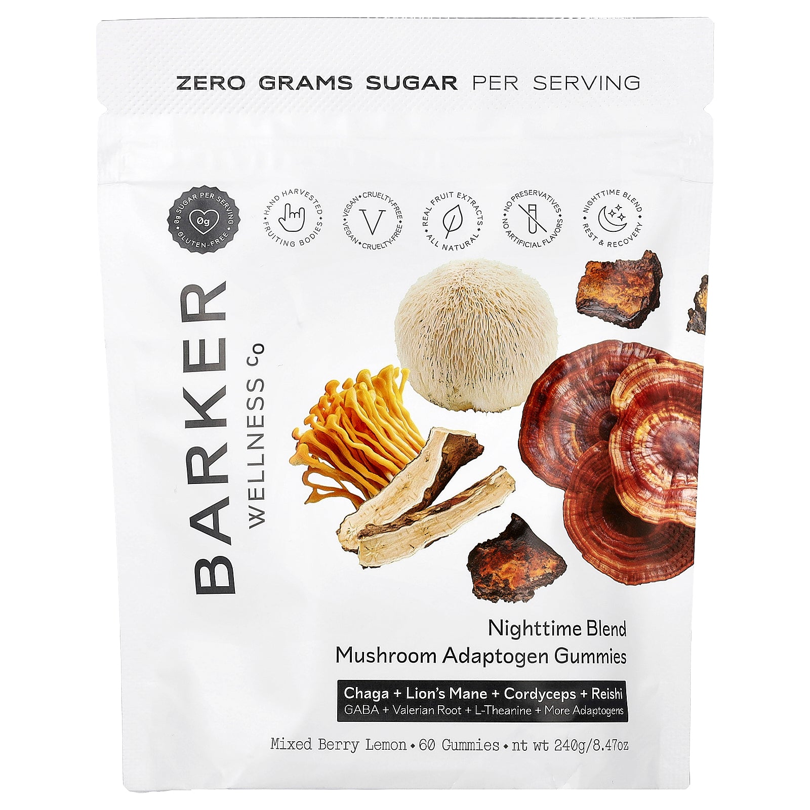 Barker Wellness Co, Nighttime Blend, Mushroom Adaptogen Gummies, Mixed Berry Lemon, 60 Gummies