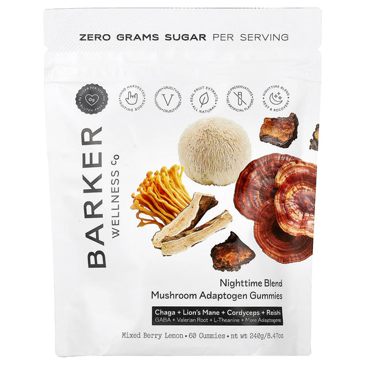 Barker Wellness Co, Nighttime Blend, Mushroom Adaptogen Gummies, Mixed Berry Lemon, 60 Gummies