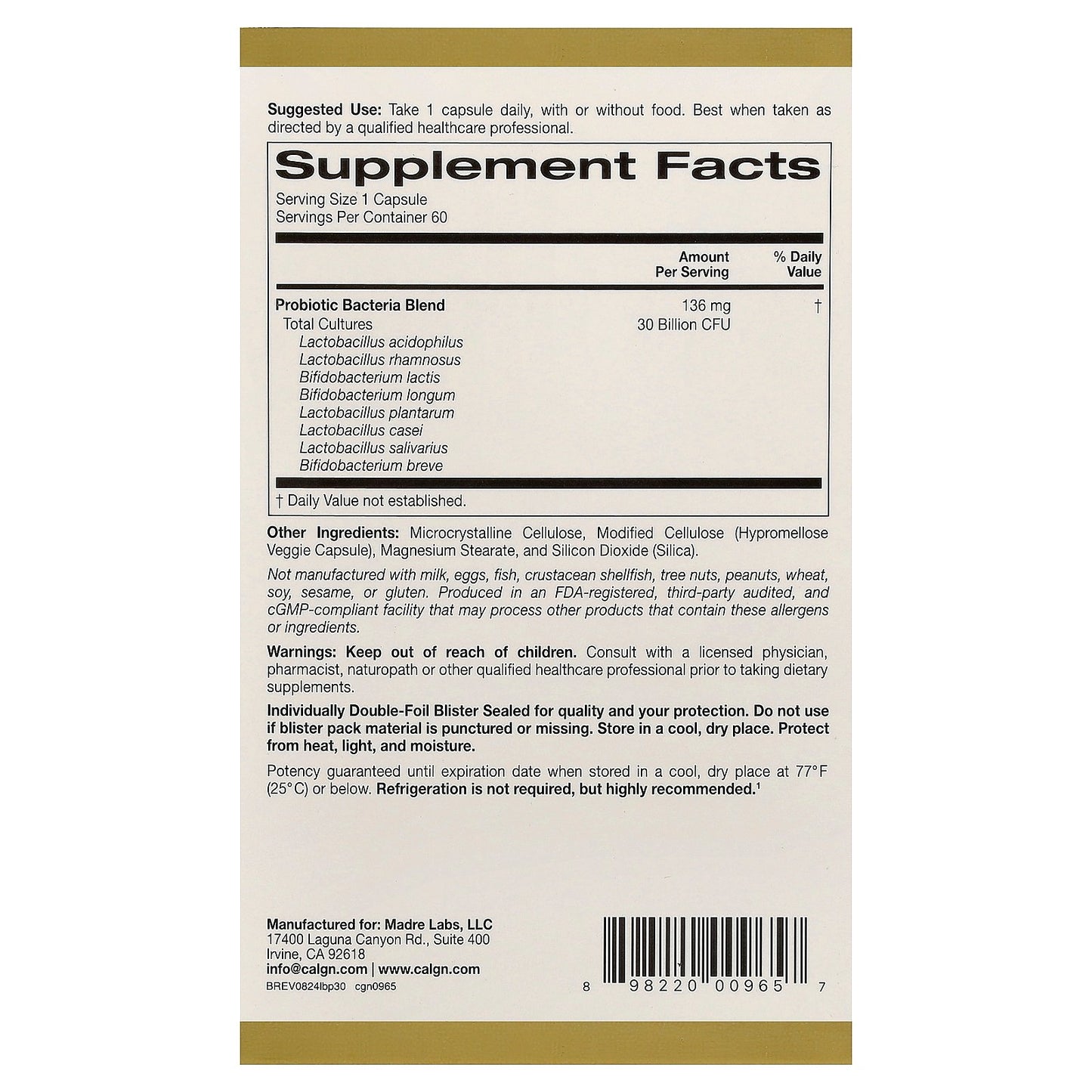 California Gold Nutrition, LactoBif® 30 Probiotics, 30 Billion CFU, 60 Veggie Capsules