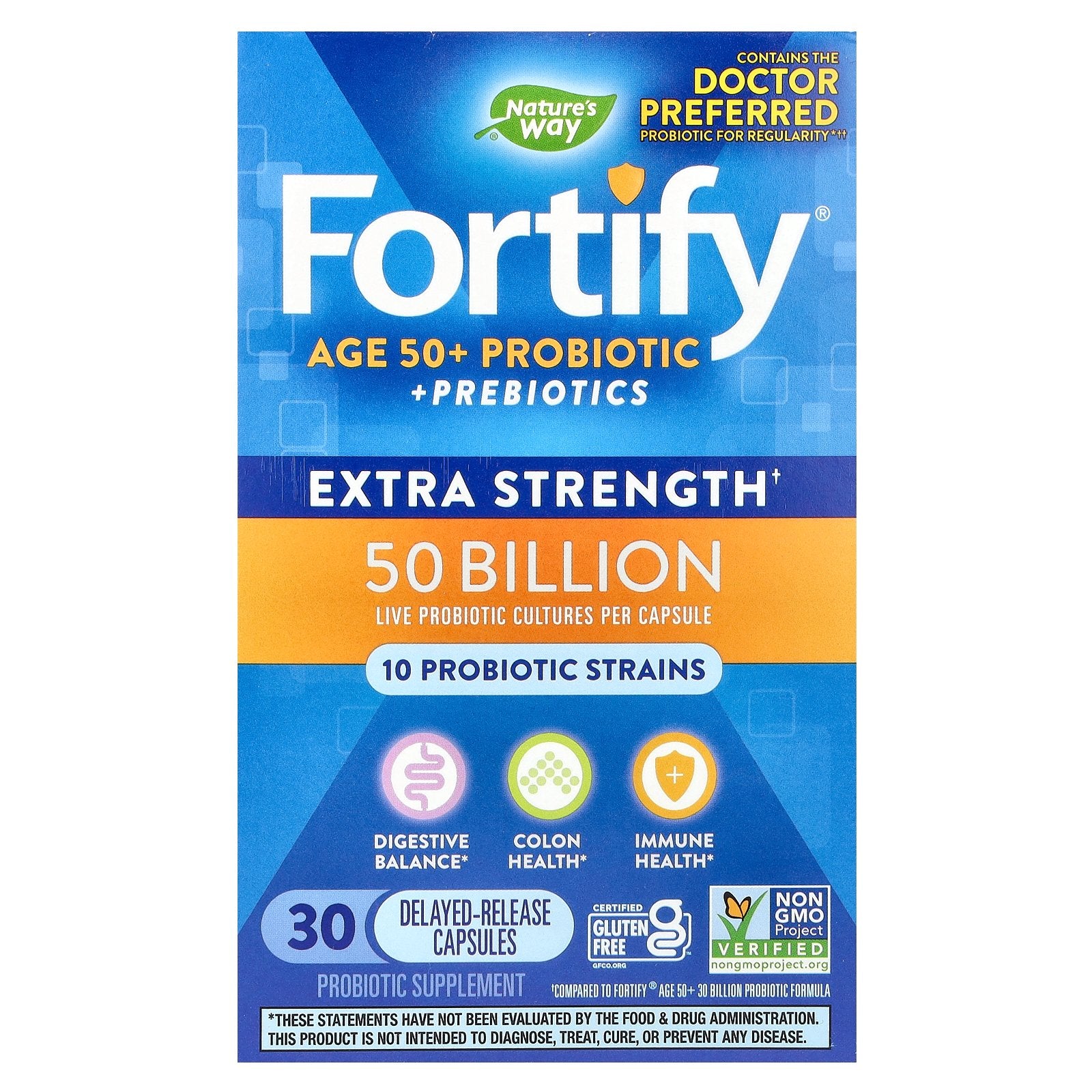 Nature's Way, Fortify, Ages 50+ Probiotic + Prebiotics, Extra Strength , 50 Billion, 30 Delayed-Release Capsules