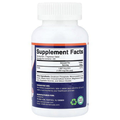 Vitamatic, Folic Acid, 240 Vegetarian Tablets (1,667 mcg per Tablet)