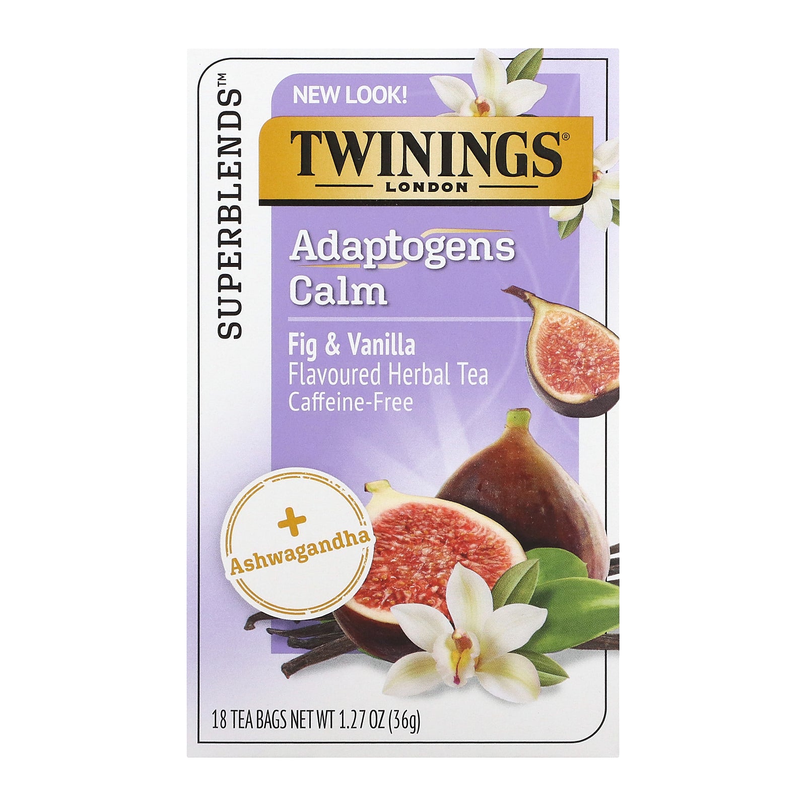 Twinings, Calm, Adaptogens, Fig & Vanilla Flavored Herbal Tea, Caffeine Free, 18 Tea Bags, 1.27 oz (36 g)