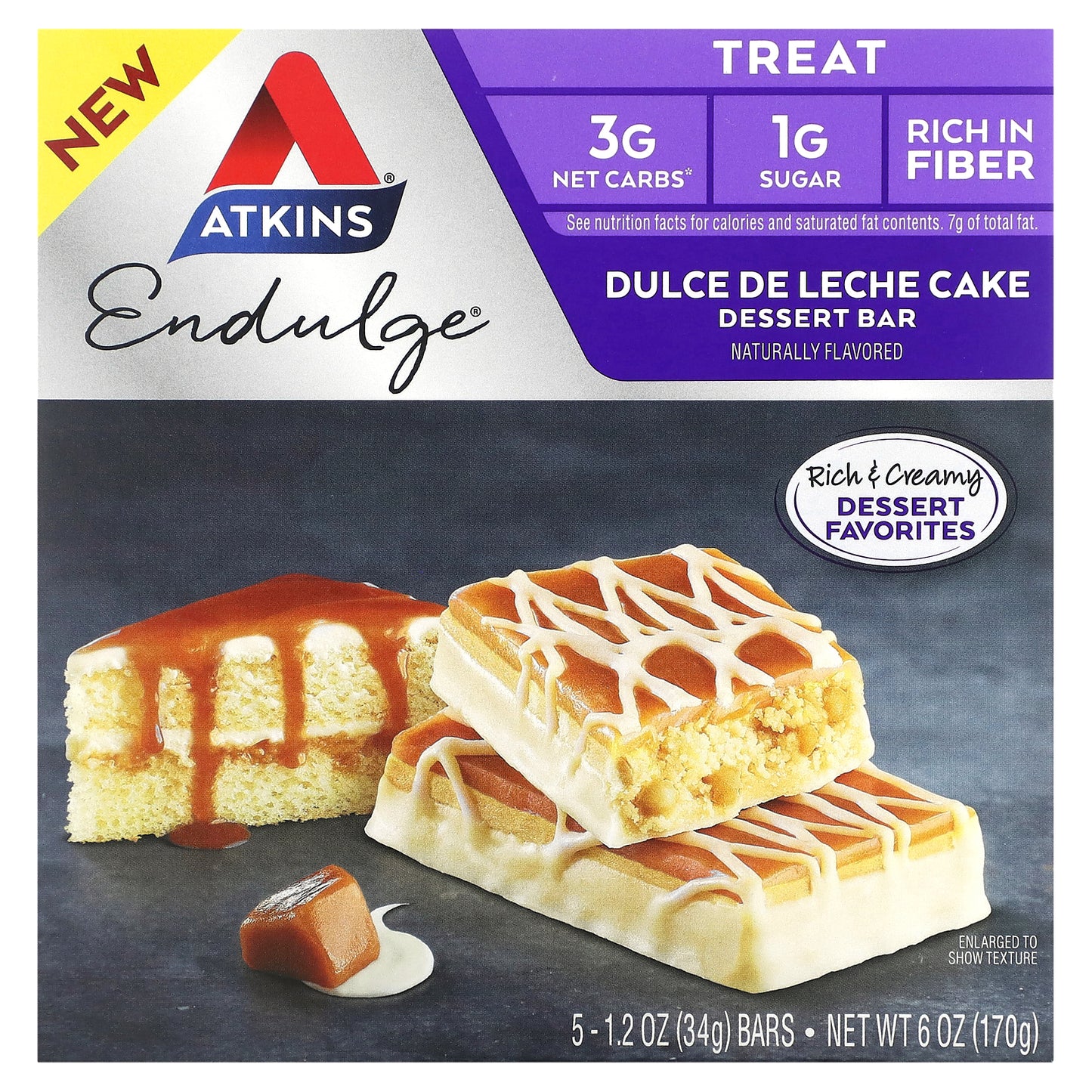 Atkins, Treat, Endulge, Dessert Bar, Dulce De Leche Cake, 5 Bars, 1.2 oz (34 g) Each