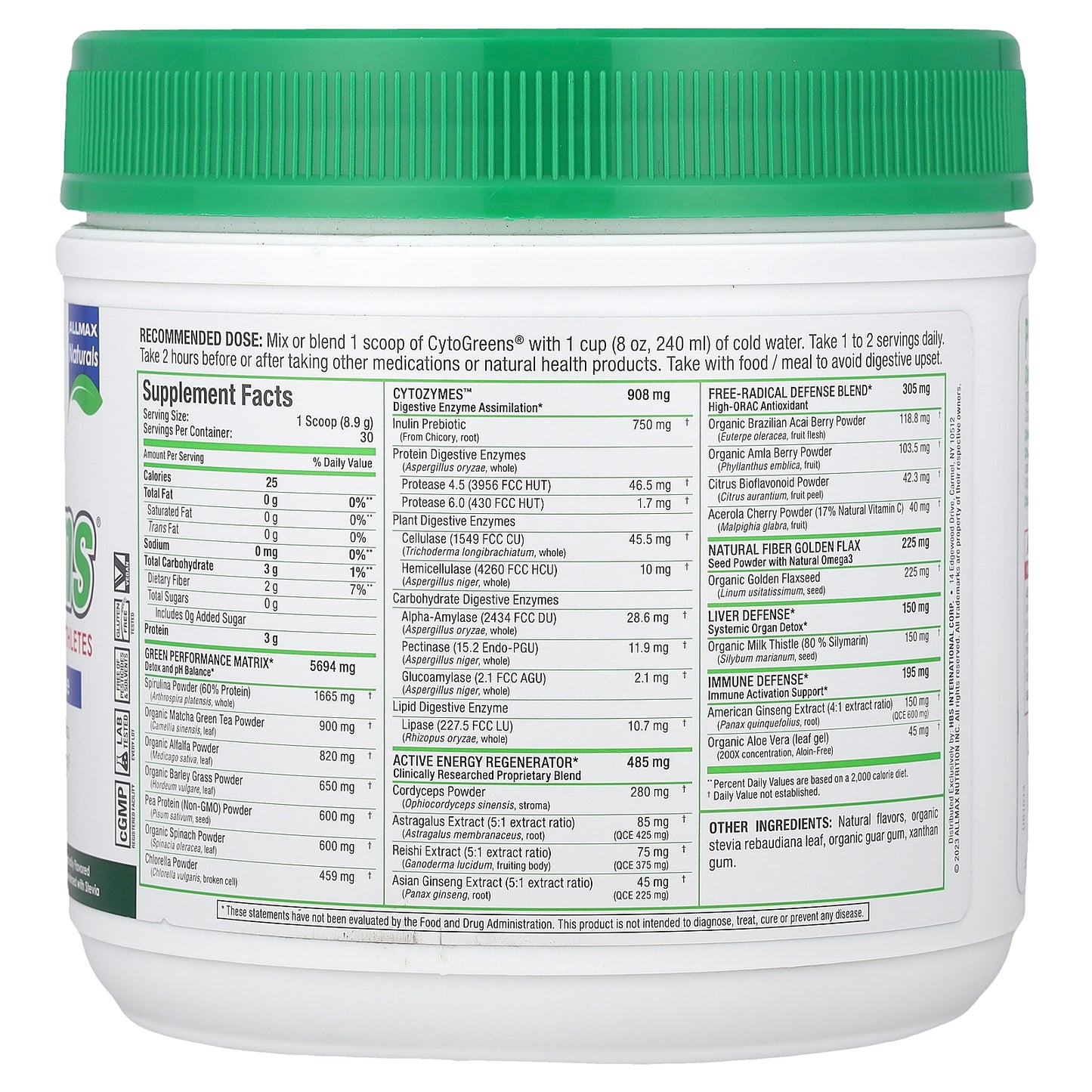 ALLMAX, CytoGreens®, Premium Green Superfood For Athletes, Acai Berry Green Tea, 9.4 oz (267 g)