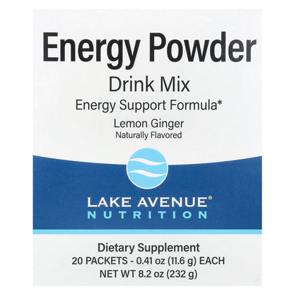 Lake Avenue Nutrition, Energy Powder Drink Mix with Potassium, Sodium, Caffeine, and Vitamin C, Lemon Ginger, 20 Packets, 0.41 oz (11.6 g) Each