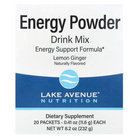 Lake Avenue Nutrition, Energy Powder Drink Mix with Potassium, Sodium, Caffeine, and Vitamin C, Lemon Ginger, 20 Packets, 0.41 oz (11.6 g) Each