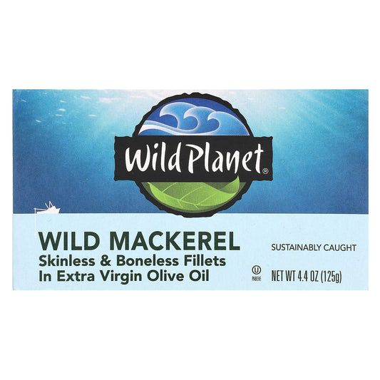 Wild Planet, Wild Mackerel, Skinless & Boneless Fillets in Extra Virgin Olive Oil, 4.4 oz (125 g)