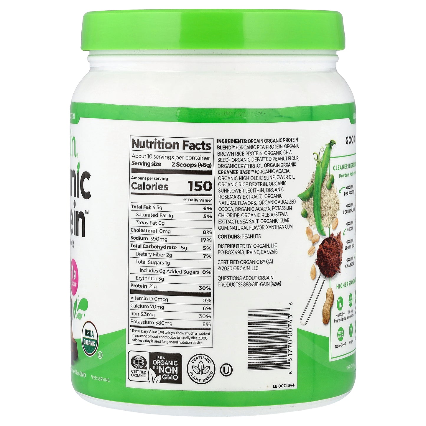 Orgain, Organic Protein™ Powder, Plant-Based, Chocolate Peanut Butter, 1.02 lbs (462 g)