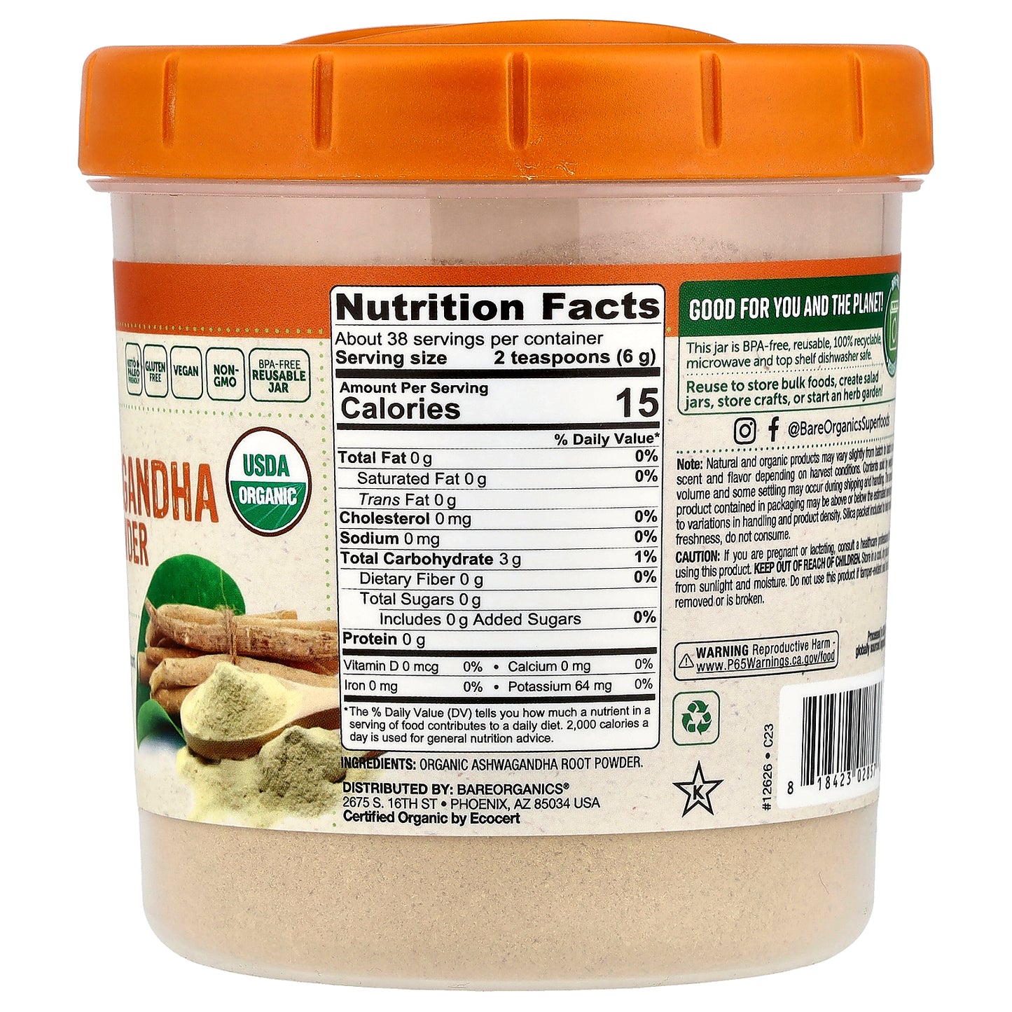 BareOrganics, Organic Ashwagandha Root Powder, 8 oz (227 g)