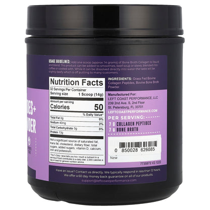 Left Coast Performance, Collagen Peptides + Bone Broth Powder, 1 lb (454 g)