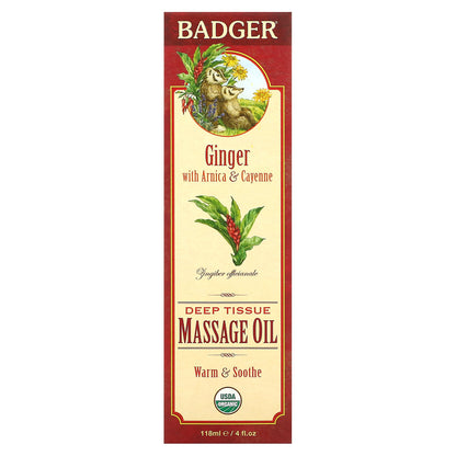 Badger, Deep Tissue Massage Oil, Ginger with Arnica & Cayenne, 4 fl oz (118 ml)