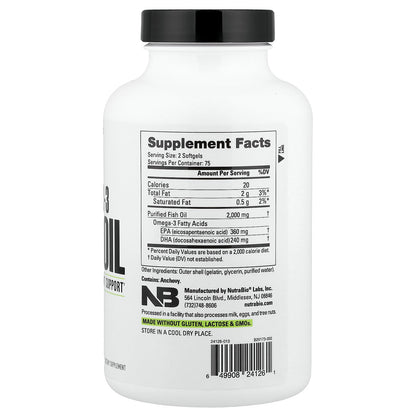 NutraBio, Omega-3 Fish Oil, 150 Softgels (1,000 mg per Softgel)