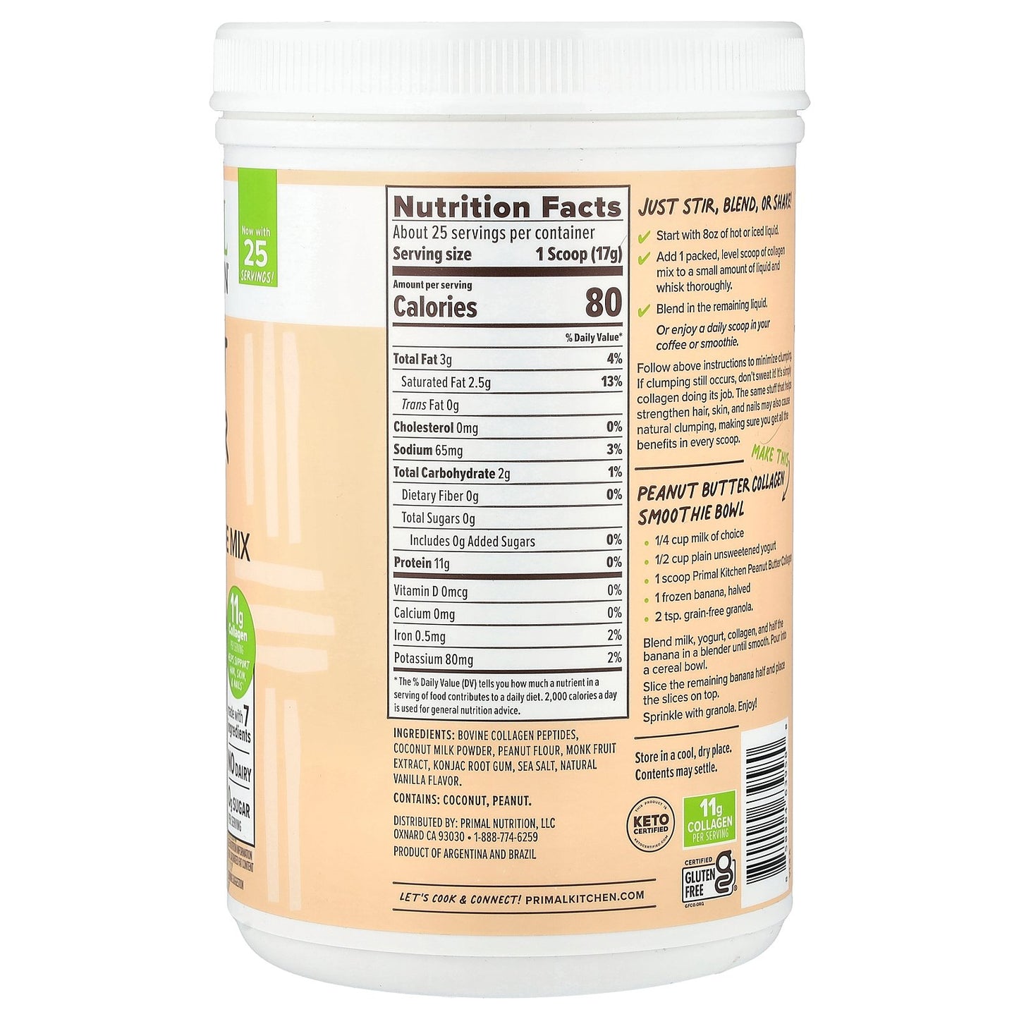 Primal Kitchen, Collagen Peptide Mix, Peanut Butter, 15.2 oz (432 g)